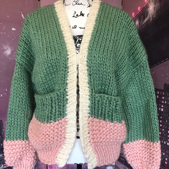 Cardigan sweater boho knit puff sleeve thick chic chunky green pink - Picture 11 of 14